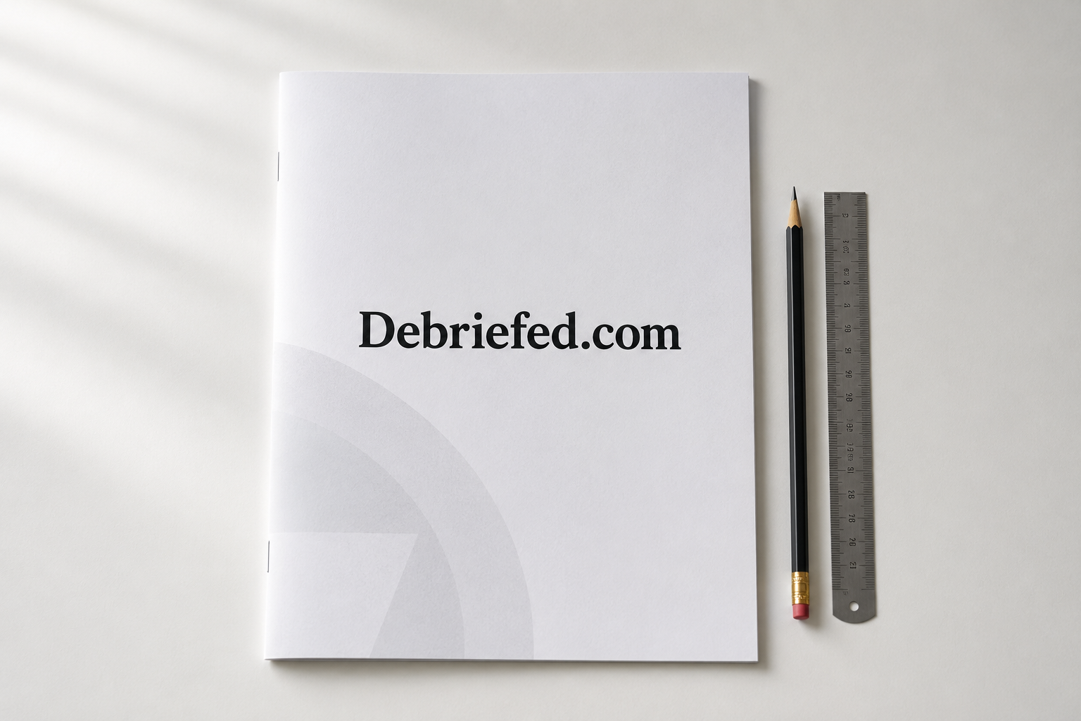 A printed Debriefed.com booklet beside a pencil and steel ruler