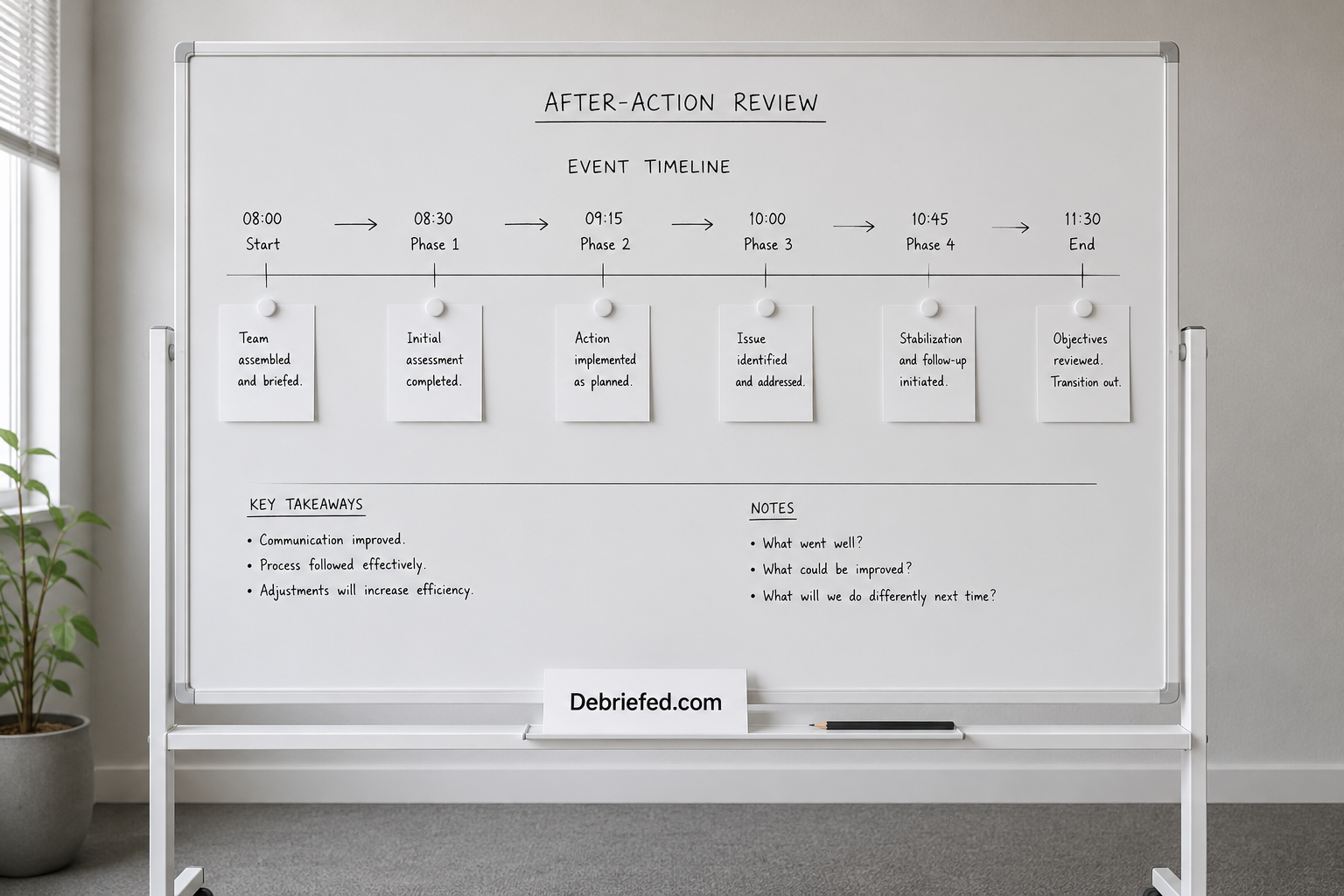 A quiet after-action workspace with notes